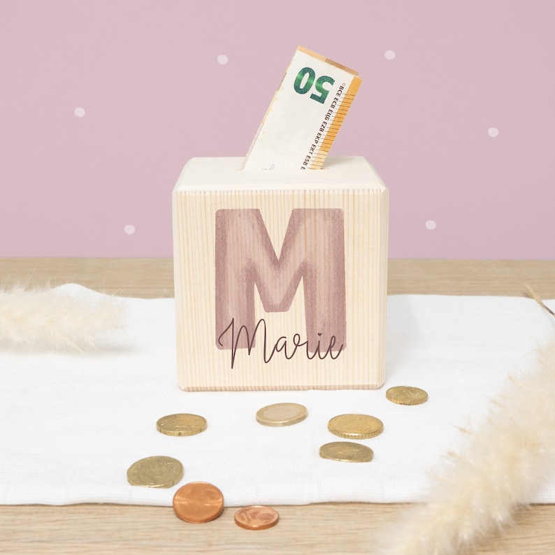 Personalisierte Spardose aus Holz Buchstabe Geschenk zum Geburtstag Geschenk zur Einschulung Holzspardose zur Geburt hellomini rosa