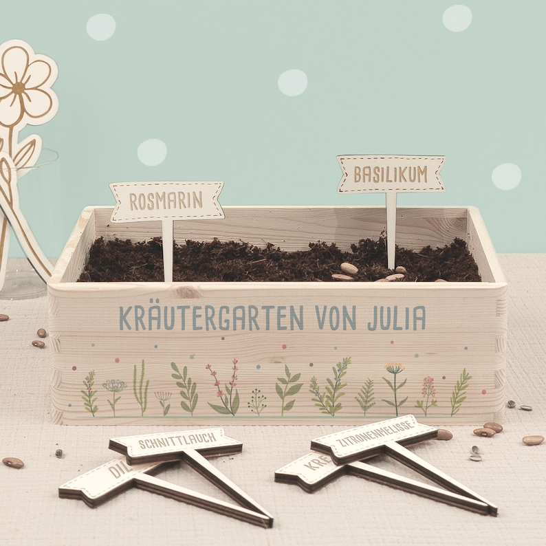 Personalisiertes Saatgut Anzuchtset mit Holzkiste inkl. Samen & Pflanzensteckern, Mini Garten Starter Kit, Wunschmotiv, Geschenk für Kinder Kräuter