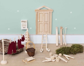 Wichteltür Wäscheleine Weihnachten Personalisiert mit Zubehör Adventskalender Holz mit eingraviertem Namen Adventszeit Geschenke für Kinder