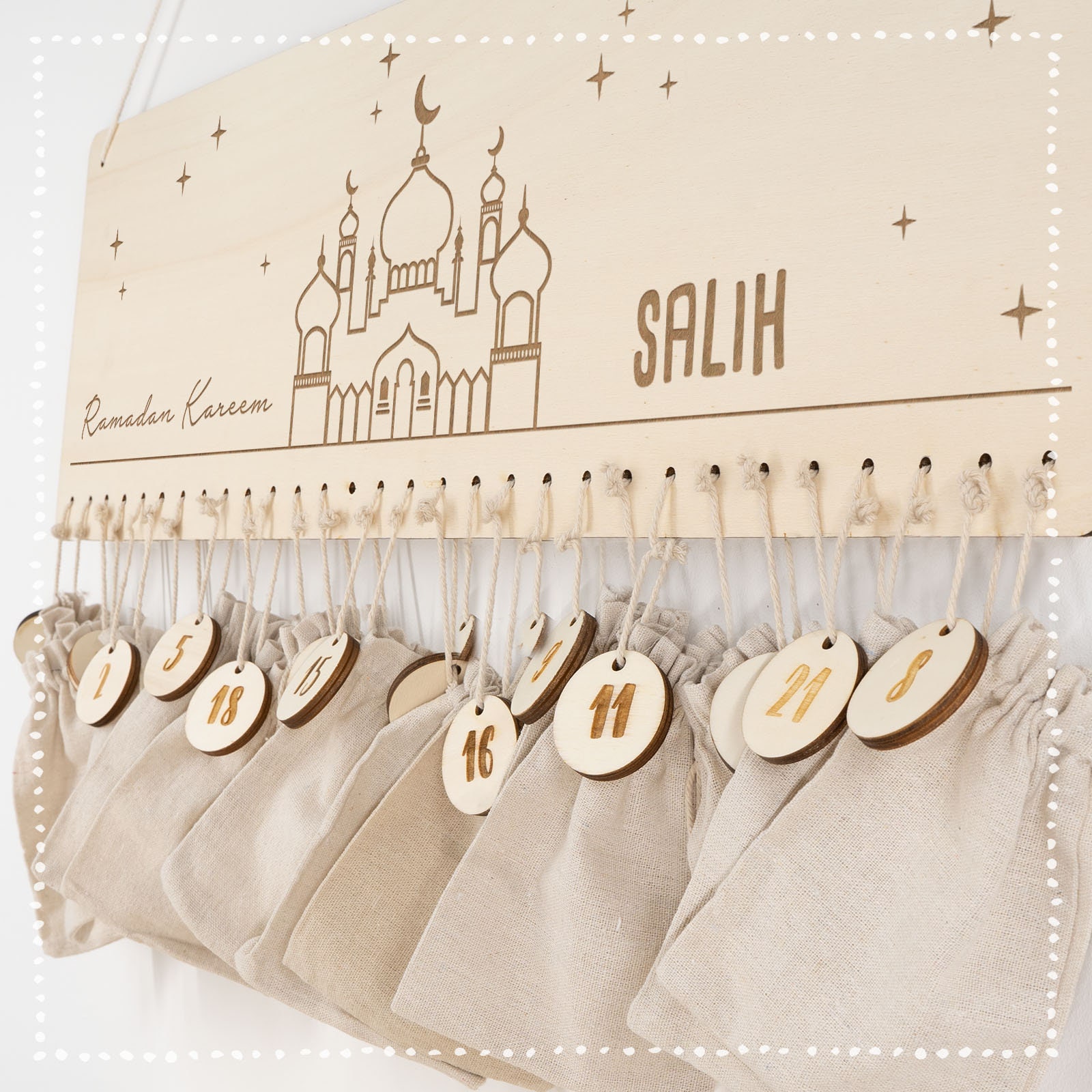 Ramadan Calendar for Children Personalized With Name Made of Wood Engraving  Jute Bag With Numbers Optional mosque Figure Ramadan Kareem 