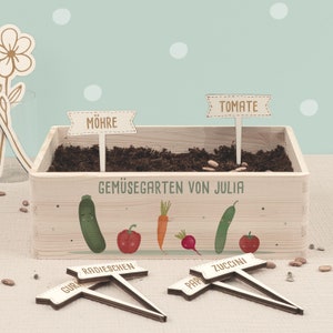 Personalisiertes Saatgut Anzuchtset mit Holzkiste inkl. Samen & Pflanzensteckern, Nachhaltiges Geschenk für Kinder, Mini Garten Starter Kit