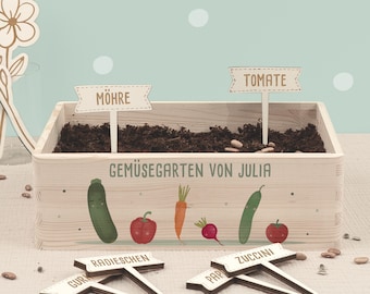 Personalisiertes Saatgut Anzuchtset mit Holzkiste inkl. Samen & Pflanzensteckern, Mini Garten Starter Kit, Wunschmotiv, Geschenk für Kinder