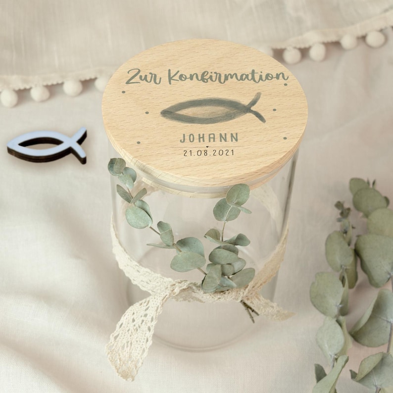 Personalized storage jar, watercolor design, confirmation gift, present for confirmation, party favor, money gift for godchild Christenfisch