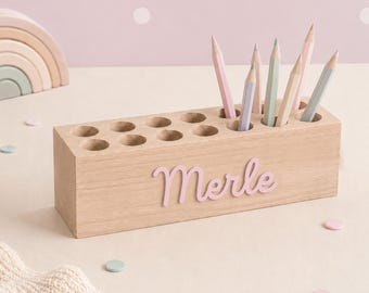 Personalized wooden pencil holder for girls | Back-to-school gift for daughter | Pencil box with children's name | Desk organizer for girls