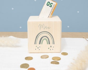 Personalized wooden money box "Rainbow", money box for children, gift for starting school, gift for children, wooden piggy bank - hellomini