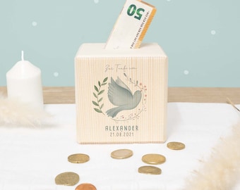 Personalized wooden money box - Christening gift - Personalized christening favor - Godchild gift - Christening present with baptismal verse