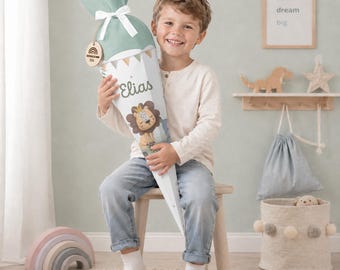 Personalized school cone with name - Scandinavian felt school cone - back-to-school gift for boys - watercolor bear and lion candy cone