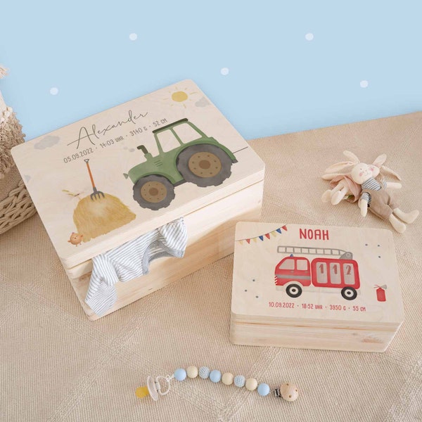 Personalisierte Erinnerungskiste Baby, Trecker Feuerwehr Taufgeschenk, Erinnerungsbox Kind, Erinnerungskiste Junge, Geschenk Geburt Junge