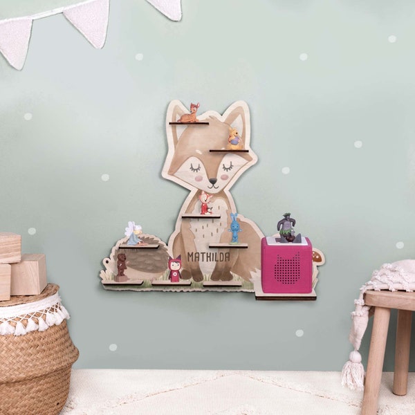 Personalized Tonie shelf watercolor fox wood, Tonie shelf wood, children's shelf personalized, Toniebox shelf, gift girl, hellomini