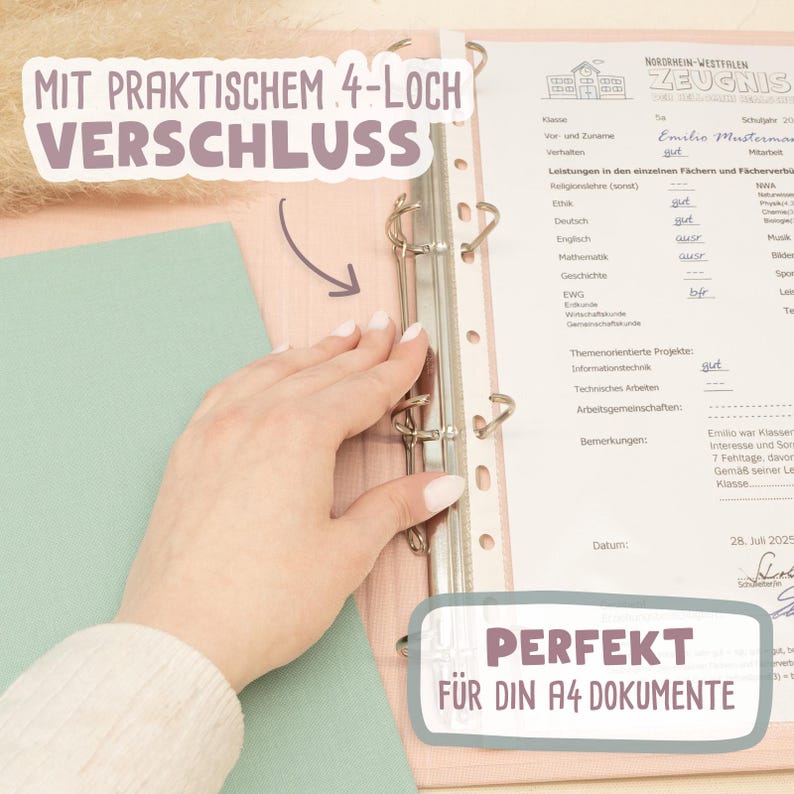 May include: A light pink binder with a metal four-ring mechanism holding a white A4 document. The text on the image reads MIT PRAKTISCHEM 4-LOCH VERSCHLUSS and PERFEKT F&Uuml;R DIN A4 DOKUMENTE. A light green sheet is visible on the left side of the binder.
