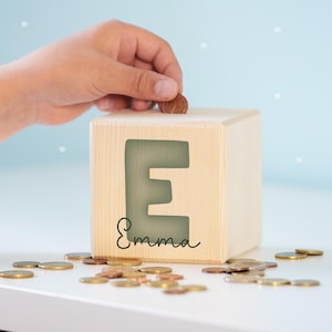 Personalized wooden money box "Letter" - Birthday gift - Back to school gift - Wooden baby money box - Birth - hellomini image 2