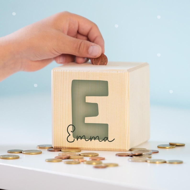Personalized wooden money box "Letter" - Birthday gift - Back to school gift - Wooden baby money box - Birth - hellomini image 2