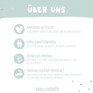 May include: A light green informational graphic titled "&Uuml;BER UNS" featuring four circular icons with text. The icons depict a heart, two people, a hand truck with boxes, and a hand holding a plant. The text includes "HANDMADE WITH LOVE," "FAMILIENUNTERNEHMEN," "SCHNELLER VERSAND," "NACHHALTIGES NATURPRODUKT," and the brand name "HELLOMINI" at the bottom.