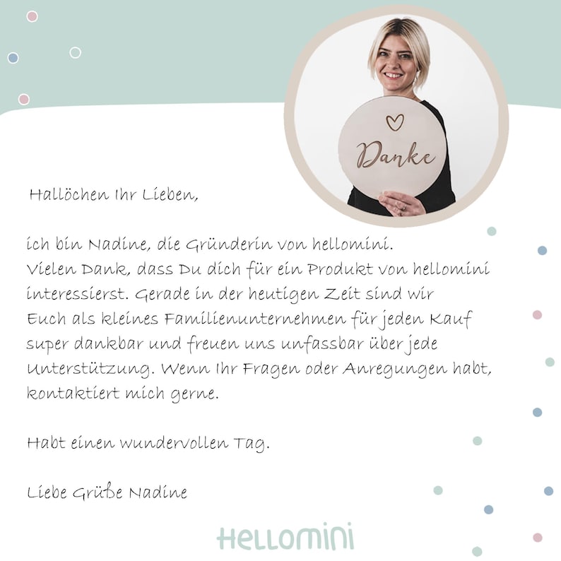 May include: A circular wooden sign featuring the word Danke and a small heart icon, held by a person. The image includes a message in German starting with Hall&ouml;chen Ihr Lieben, followed by text about the brand hellomini and a closing signature.