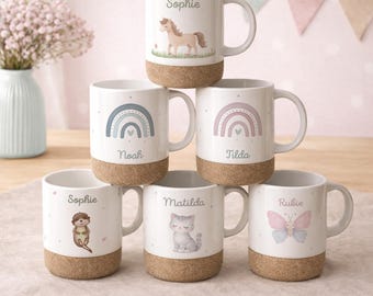 Personalized mug with cork base for girls, children's mug with custom print, children's cup with name, birthday gift for children hellomini