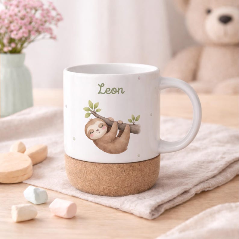 May include: White ceramic mug with a cork base, featuring a watercolor illustration of a sloth hanging from a branch. The name "Leon" is written in green script above the sloth. The mug has a handle and small polka dots.