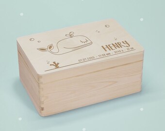 Personalisierte Erinnerungskiste Erinnerungen Holz Holzkiste Holzbox mit Name Aufbewahrung Kinder Geschenk zur Geburt Erinnerungsbox Wal