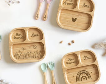 Personalisierter Babyteller Mädchen mit Saugnapf, Kinderteller, Babygeschenk, Bambusteller mit Silikon, Geburt, Kindergeschenk Geburtstag