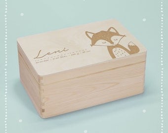 Personalized memory box for baby made of wood wooden box wooden box engraved name storage children gift for birth baptism fox