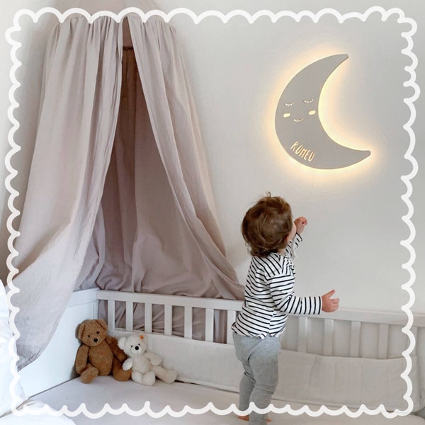 Gepersonaliseerde wandlamp hout, nachtlampje baby, wandlamp, slaaplicht, kinderkamer, "Milo the Moon", kinderlamp - hellomini