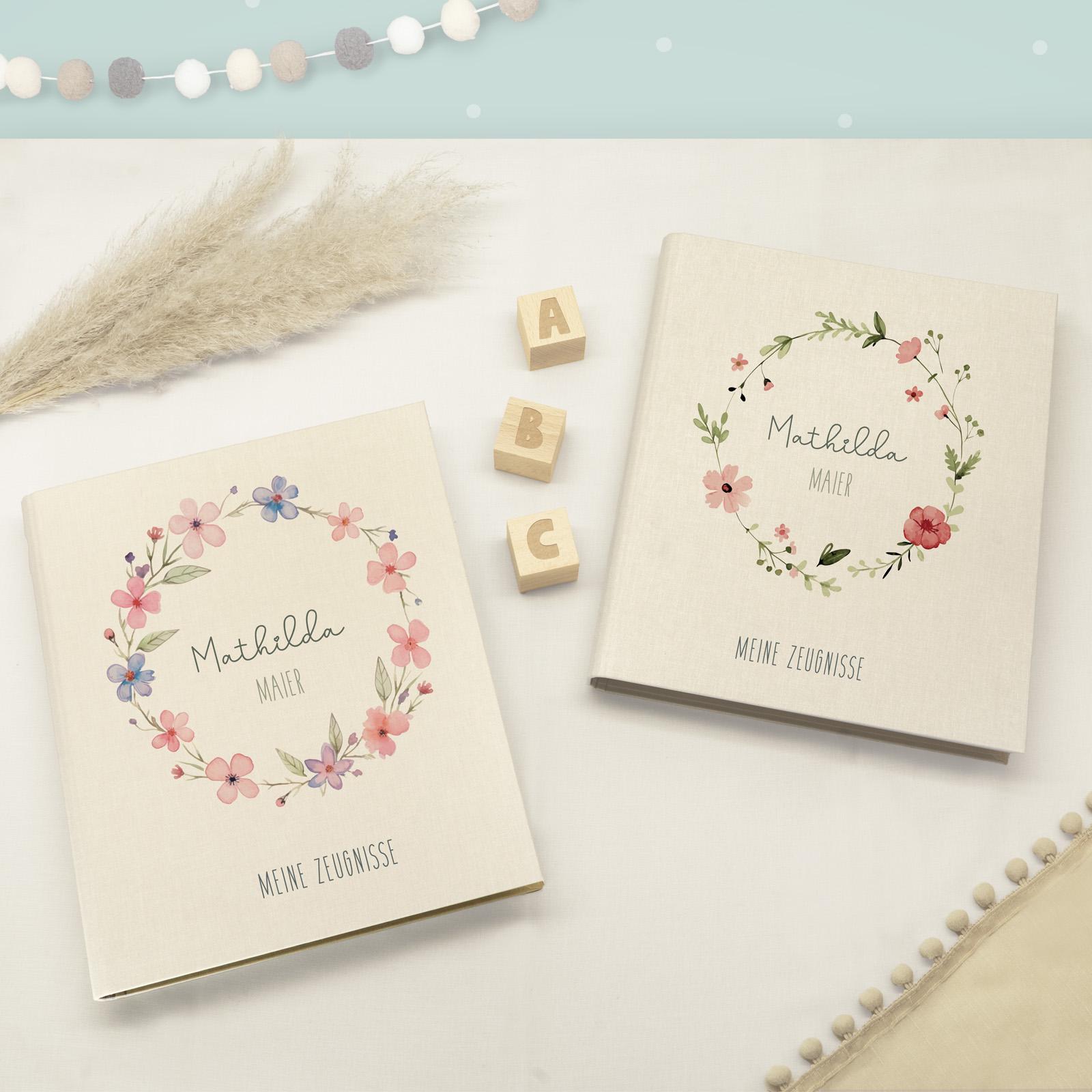 Personalisierte Zeugnismappe Leinen Blumenkranz, Geschenk zur Einschulung, Einschulungsgeschenk für Schulkind, Schule Mädchen, hellomini