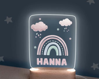 Gepersonaliseerd LED-kindernachtlampje, babynachtlampje, kleurrijke kinderlamp, acrylglas gewenste print en houten voet, babylampje, hellomini