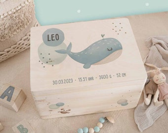 Personalized memory box baby whale, wooden box with name, gift for birth, memory box baby, gift birth boy, hellomini