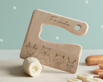 Montessori Kindermesser personalisiert Tierwelten - Holzmesser für kleine Kinder - Taufgeschenk Kind - 1. Geburtstag - Geschenk zur Geburt