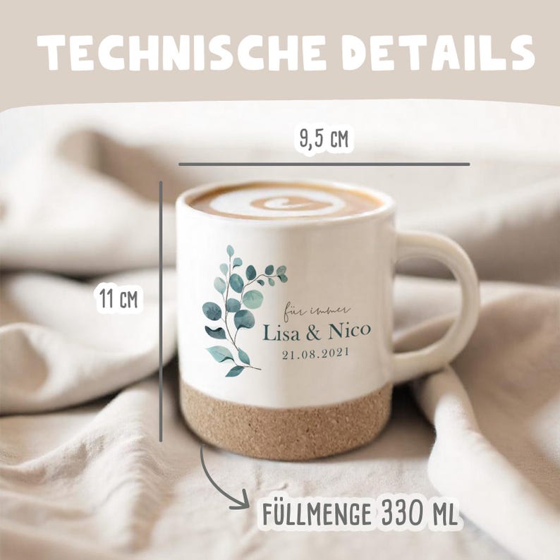 May include: White ceramic mug with a cork base, filled with coffee and a swirl design. The mug features a green and blue floral design and the text "Lisa & Nico 21.08.2021". The mug is 4.3 inches tall and 3.7 inches wide.