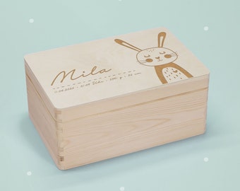 Personalisierte Erinnerungskiste Baby, Holz, Holzkiste, Holzbox, eingravierter Name Aufbewahrung Kinder Geschenk zur Geburt Taufe Hase