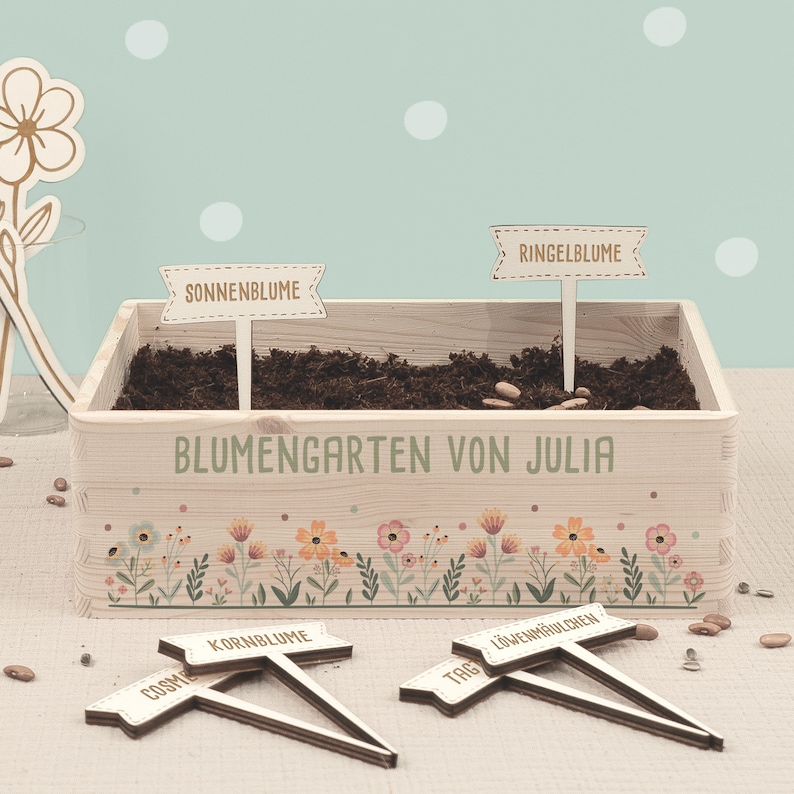 Personalisiertes Saatgut Anzuchtset mit Holzkiste inkl. Samen & Pflanzensteckern, Mini Garten Starter Kit, Wunschmotiv, Geschenk für Kinder Blumen