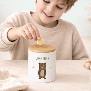 Personalisierte Keramik Spardose für Jungs, Spardose mit Bambus-Deckel Junge, Sparbüchse, Geschenk zum Geburtstag Sohn oder Enkel, hellomini