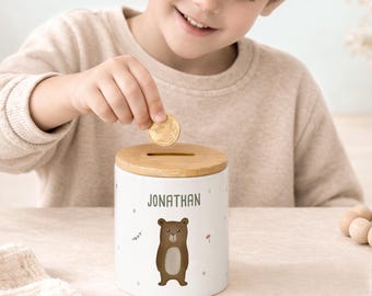 Personalized ceramic money box for boys, money box with bamboo lid, gift for a son or grandson's birthday, hellomini