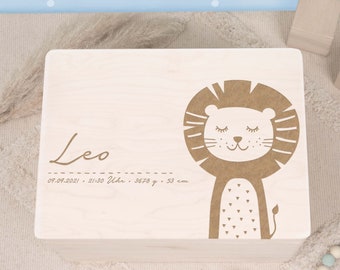Scatola dei ricordi per bambini personalizzata "Leone", scatola di legno, scatola dei ricordi per bambini con nome inciso, custodia per bambini, regalo di nascita