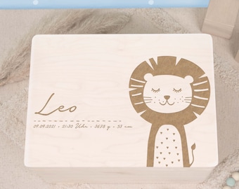 Scatola dei ricordi personalizzata per neonati "Leone", scatola di legno, scatola dei ricordi per neonati con nome inciso, contenitore per bambini, regalo di nascita