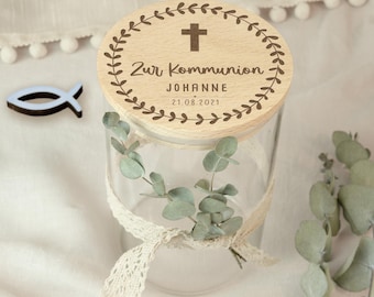 Personalisiertes Vorratsglas Kommunion Gravur, Kommunionsgeschenk, Geschenk zur Kommunion, Gastgeschenk, Geldgeschenk, Patenkind, hellomini