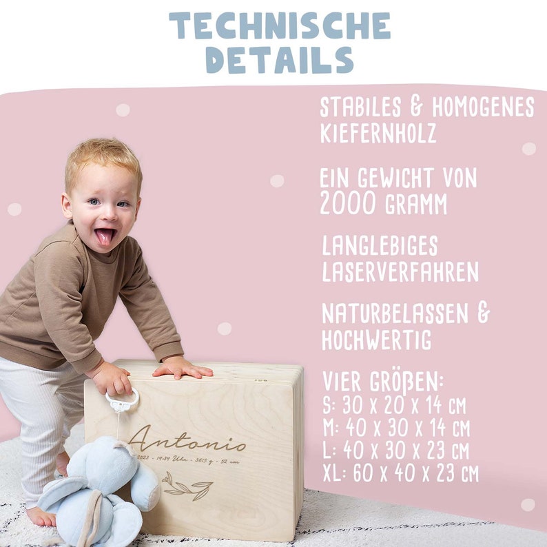 May include: A light wood storage box with the name "Antonio" engraved on the front. The box is 60 cm x 40 cm x 23 cm and is made of solid pine wood. The box is shown on a pink background with a young child sitting next to it.