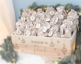 Personalisierte Adventskiste Weihnachtskugeln, Adventskalender zum Befüllen, Adventskalender für Kinder, Weihnachten, Holzkiste, Adventsdeko