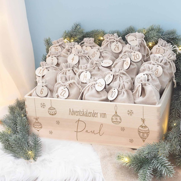 Personalized Advent box "Christmas balls", Advent calendar to fill, Advent calendar for children, Christmas, wooden box, bag