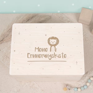 Caja de recuerdos personalizada león, caja de recuerdos de madera, caja de madera, cofre de madera, almacenamiento de bebé, regalo para nacimiento, bautismo