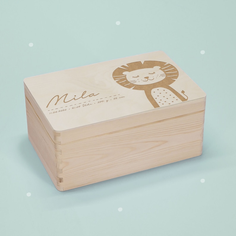 Personalized memory box baby, wood, wooden box, wooden box, engraved name storage children gift for birth baptism lion 