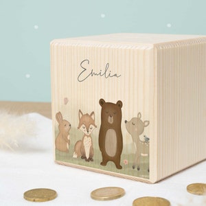 Personalized money box child wood forest motif birthday gift personalized piggy bank wooden money box baby gift hellomini image 2