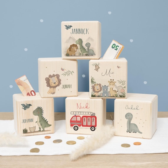 Personalisierte Spardose Kinder Holz bunt bedruckt - Geschenk zur Einschulung - Geschenk Geburtstag - Sparschwein - Babygeschenk - Geburt
