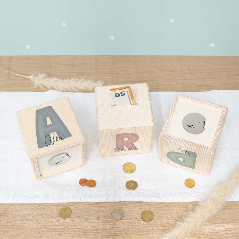 Personalized wooden money box "Letter" - Birthday gift - Back to school gift - Wooden baby money box - Birth - hellomini image 8