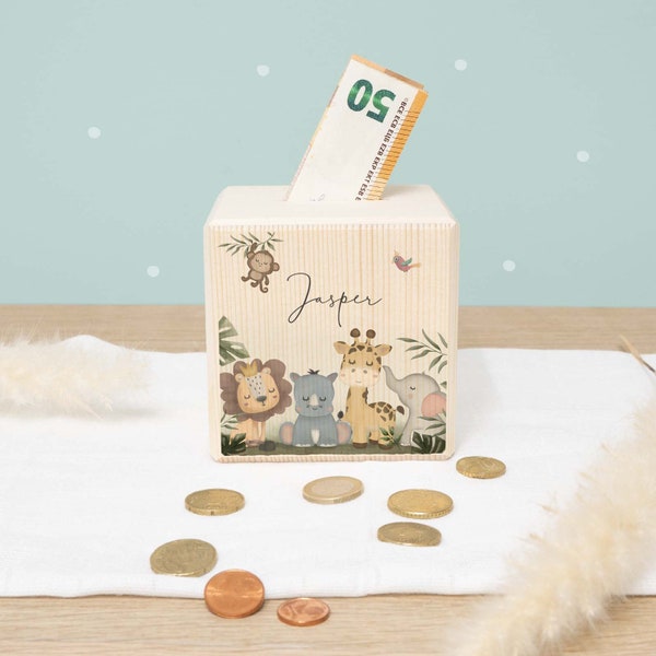 Personalisierte Spardose Kinder Holz Safari - Geschenk Geburtstag - Sparschwein - Holzspardose - Babygeschenk - Geburt - Ostergeschenk