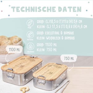 May include: Two stainless steel lunch boxes with bamboo lids. The larger lunch box is 18.5 inches long, 11 inches wide, and 5.4 inches high. The smaller lunch box is 17.5 inches long, 9.6 inches wide, and 4.6 inches high. The larger lunch box holds 1100 ml and the smaller lunch box holds 750 ml. Both lunch boxes have a rocket ship design on the lid.
