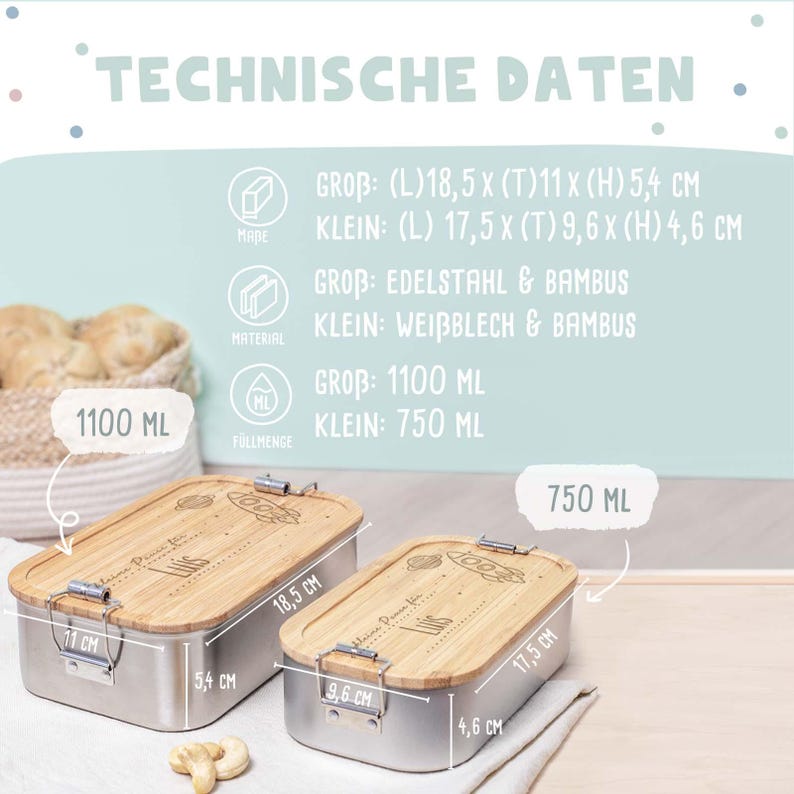 May include: Two stainless steel lunch boxes with bamboo lids. The larger lunch box is 18.5 inches long, 11 inches wide, and 5.4 inches high. The smaller lunch box is 17.5 inches long, 9.6 inches wide, and 4.6 inches high. The larger lunch box holds 1100 ml and the smaller lunch box holds 750 ml. Both lunch boxes have a rocket ship design on the lid.