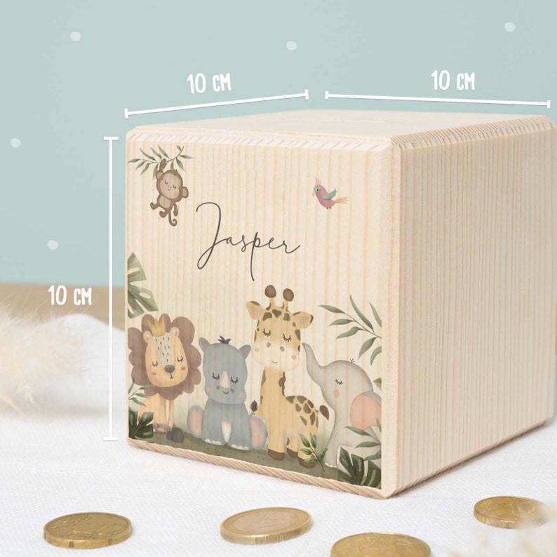 Personalized money box children's wooden safari birthday gift piggy bank wooden money box baby gift birth Easter gift image 3