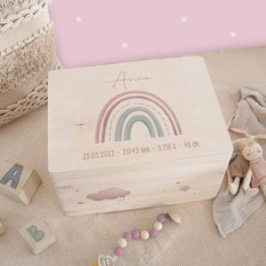 Personalized memory box baby rainbow, memory box children's wood, gift for birth, baptism gift, children's gift, hellomini Rosa mit Vorderdruck