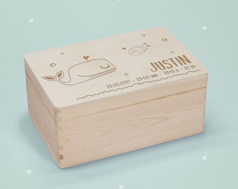 Personalisierte Erinnerungskiste Erinnerungen Holz Holzkiste Holzbox Name Aufbewahrung Kinder Geschenk zur Geburt Erinnerungsbox Wal Fisch